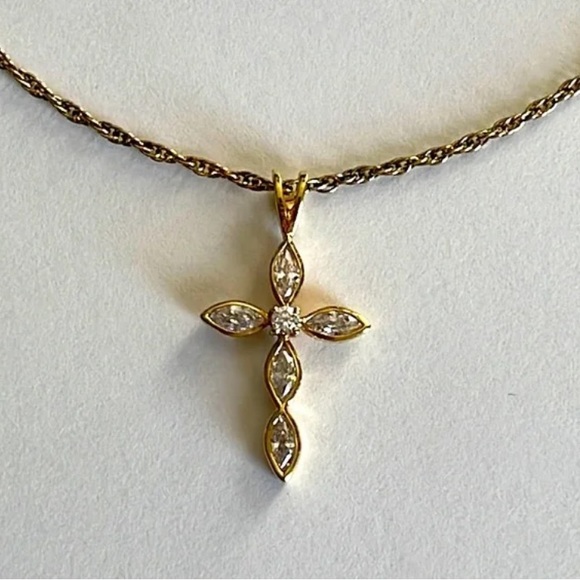 Crystal Cross Pendant on Gold Overlay 925 Sterling Silver Necklace - Picture 1 of 7